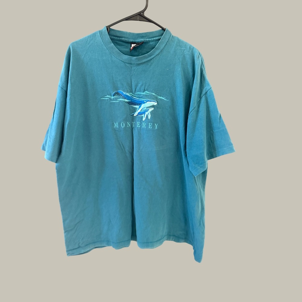 Vintage Signal Sport Monterey Whale Embroidered T-Shirt XL Teal Blue Made in USA